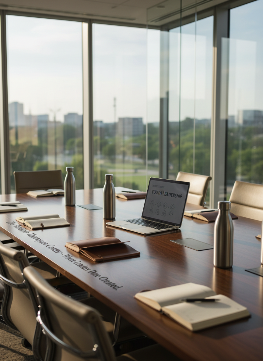 A polished oak conference table engraved at the far edge with the words “The Bankole Thompson Center – Where Leaders Are Created,” set in a modern glass-walled meeting room. Neatly arranged on the tabletop are leather-bound notebooks, stainless steel water bottles, and a single open laptop displaying a bold, minimalist “Youth Leadership” slide with iconography instead of faces. Soft late-afternoon natural light pours through tall windows, creating gentle reflections on the glass walls and subtle highlights on the metal details. The mood is professional and aspirational, suggesting strategic planning and vision. Captured at eye level with a slight diagonal angle, the foreground in crisp focus and the background softly blurred, in a clean, photographic realism style that feels corporate yet inviting.