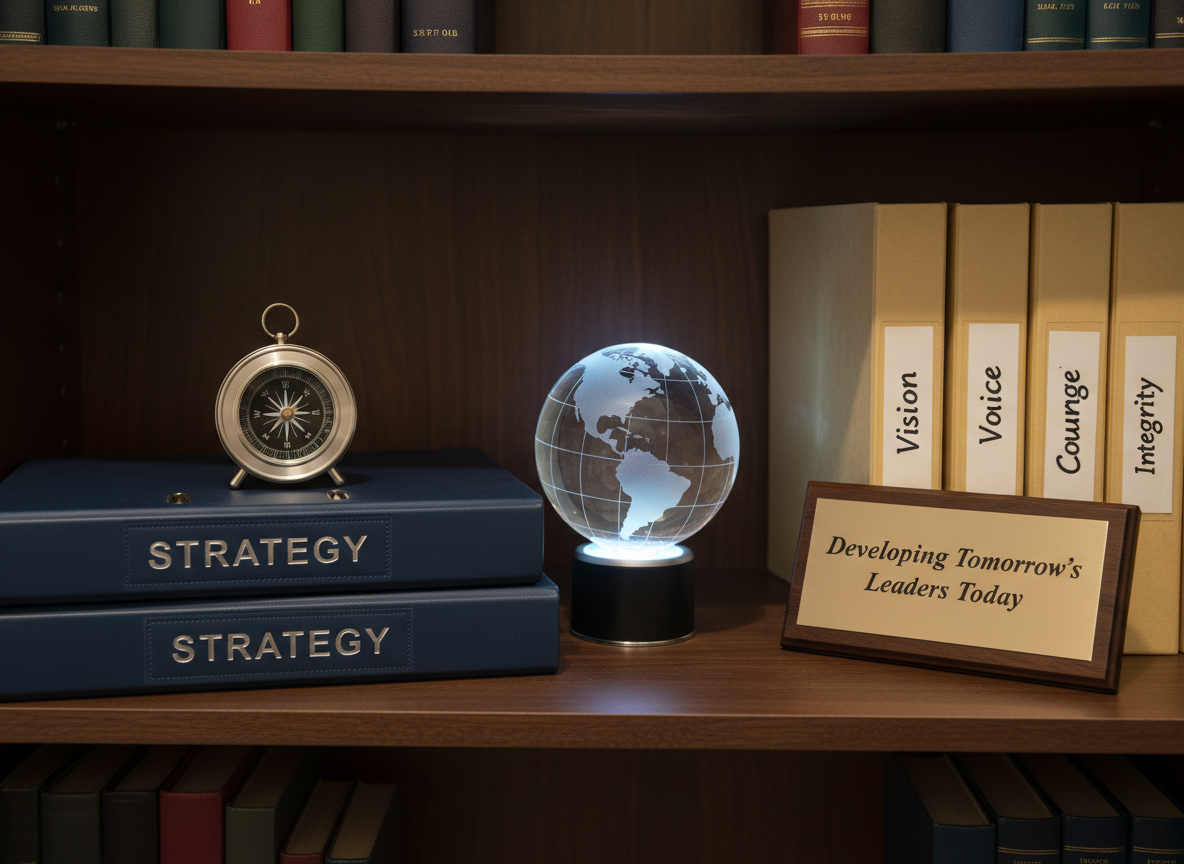 A collection of symbolic leadership objects carefully arranged on a dark walnut bookshelf: a brushed metal compass resting on a stack of navy blue strategy binders, a crystal globe glowing faintly from a hidden LED base, and a series of labeled folders reading “Vision,” “Voice,” “Courage,” and “Integrity.” Nearby, a small framed plaque bears the inscription “Developing Tomorrow’s Leaders Today.” Warm, directional desk-lamp lighting creates gentle pools of light and soft shadows, highlighting textures in the wood and metal. The atmosphere feels introspective and purposeful. Captured from a slightly elevated, close-up angle with a shallow depth of field, the central objects are in sharp focus while the rest of the shelf fades into a soft bokeh, in a realistic, editorial photographic style.