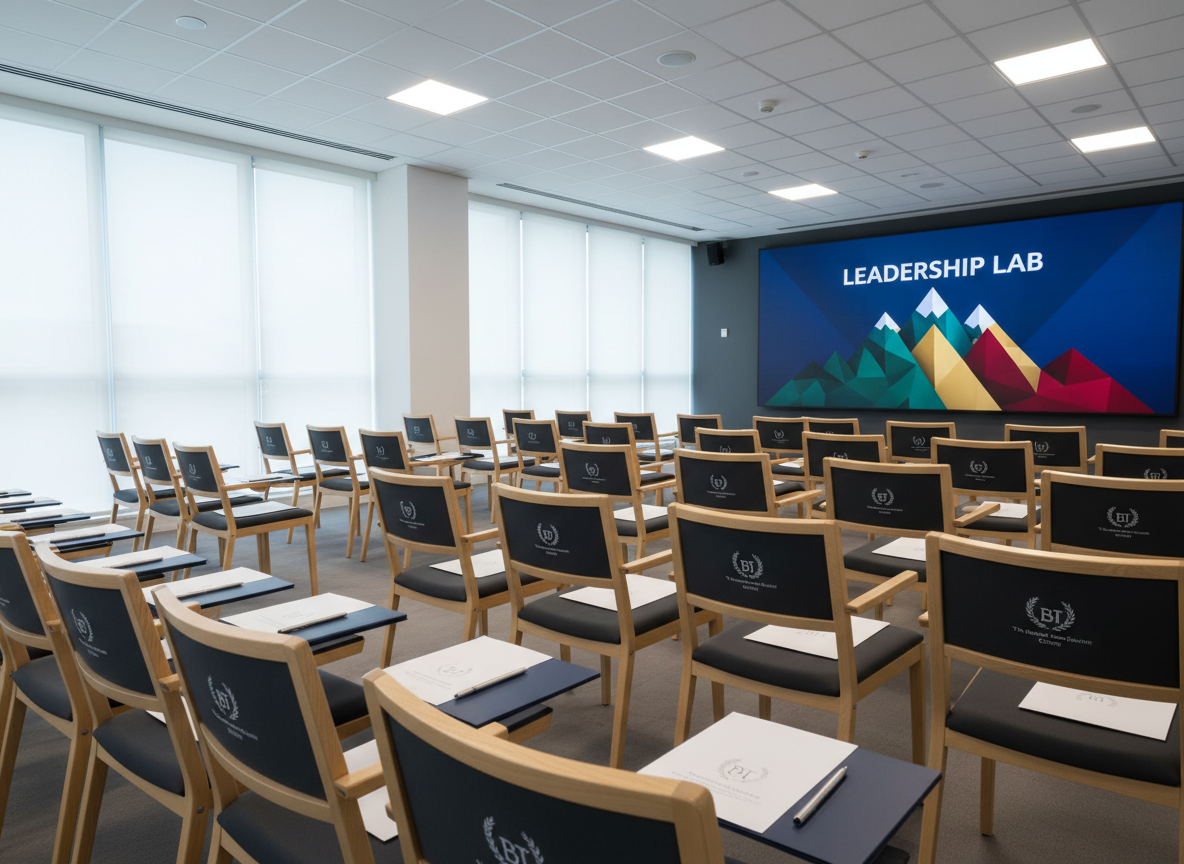 A modern training room prepared for a youth leadership workshop, with rows of simple, elegant chairs facing a large digital screen. The screen displays a vibrant, abstract mountain peak made from interlocking shapes, symbolizing achievement and collaboration, beneath the title “Leadership Lab.” On each chair sits a neatly arranged folder, pen, and blank name tent, all branded with The Bankole Thompson Center logo. Diffused daylight from high windows combines with discreet ceiling lights, casting balanced, neutral illumination and soft, barely-there shadows. The mood is energized yet orderly, ready for action. Photographed from the back corner at a wide angle, the perspective leads the eye toward the screen, with sharp focus throughout, creating a realistic, professional training environment without any visible participants.