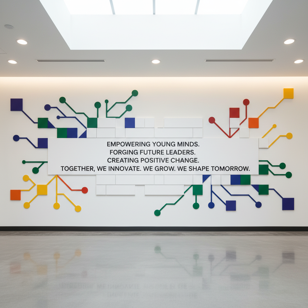 A sleek wall-sized mission statement display for a youth leadership nonprofit, printed in crisp black lettering on matte white panels, with colorful abstract geometric shapes symbolizing growth and progress branching outward like pathways. The installation is mounted in a bright lobby with polished concrete floors and a subtle reflection of the design beneath. Overhead recessed lighting and indirect natural daylight from an unseen skylight create even, soft illumination with minimal shadows. The mood is focused and optimistic, emphasizing clarity of purpose. Shot straight on with symmetrical framing and sharp focus from edge to edge, this photographic image has a contemporary, museum-like aesthetic that reinforces professionalism and vision without depicting any people.